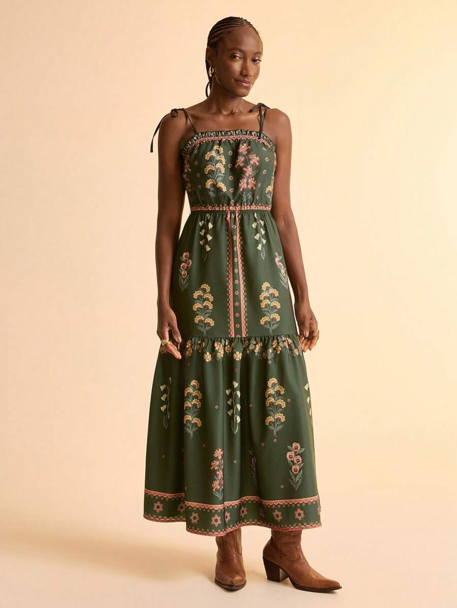 Vestido Largo Floral Tropical con Volados Boho