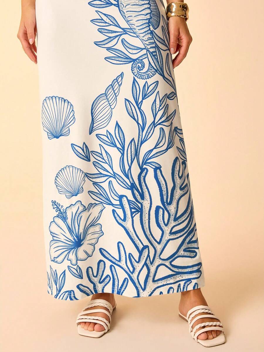 Vestido Midi Coral Azul con Lazo & Escote Asimétrico
