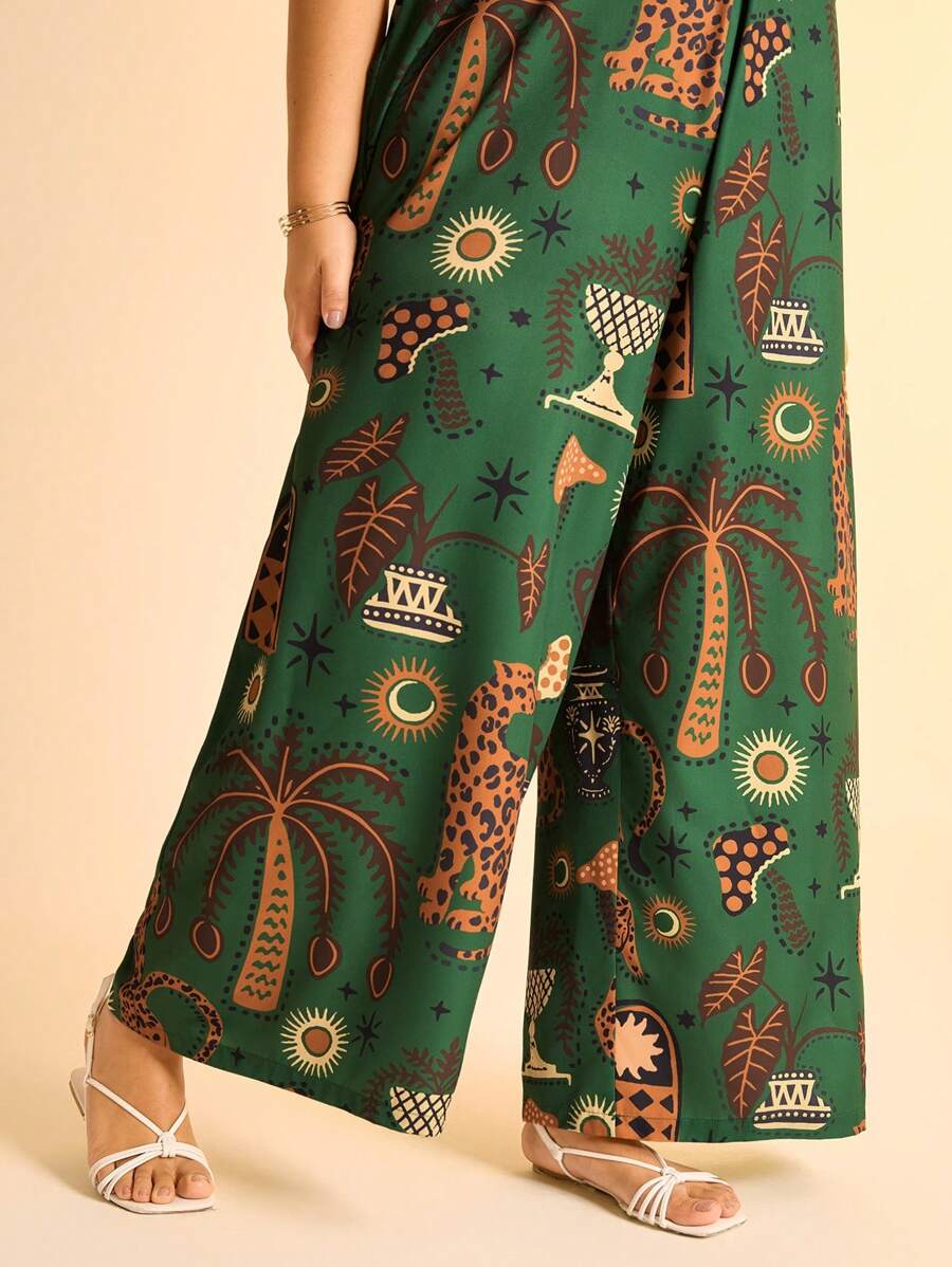 Mono Verde Plus Size Boho Leopardo & Palmeras