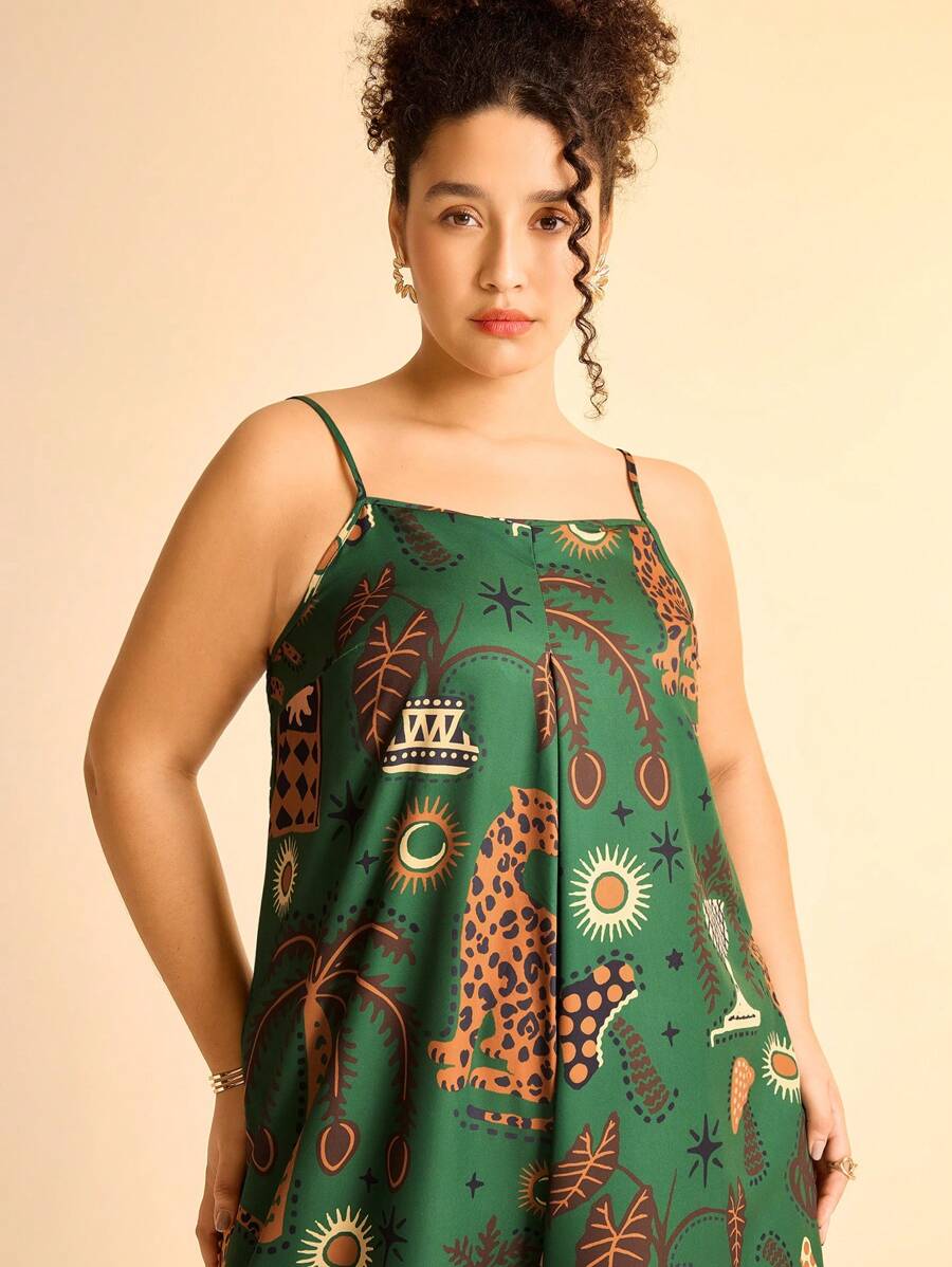 Mono Verde Plus Size Boho Leopardo & Palmeras