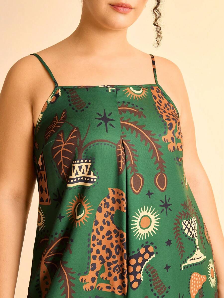 Mono Verde Plus Size Boho Leopardo & Palmeras