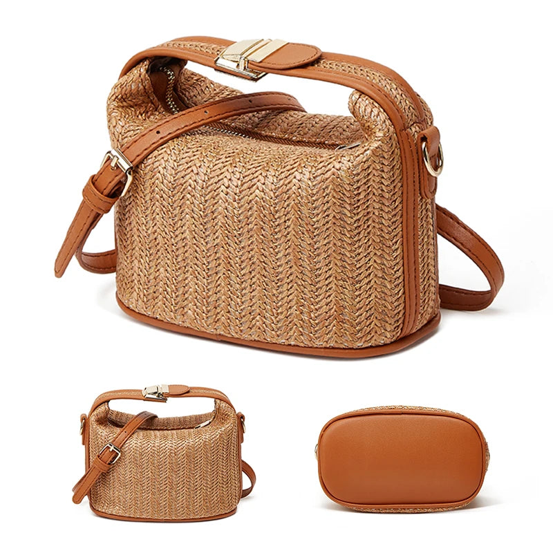 Yogodlns, bolso pequeño de paja de verano, bolso de hombro moderno, bolso cruzado de cubo tejido, bolso informal de playa junto al mar, bolso de mano con asa para niñas