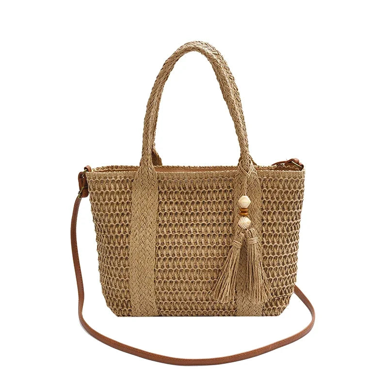 Bolso de mano tejido de paja para verano, bolso de mano de gran capacidad, bolsos versátiles de moda para mujer, bolsos de hombro informales para vacaciones de marca 2025