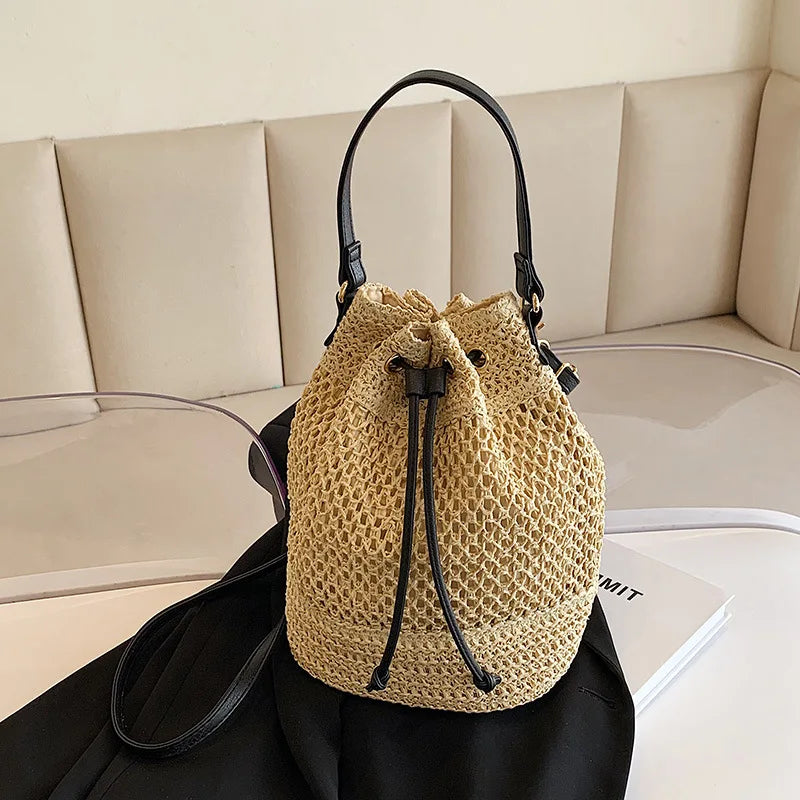 Bolso de paja tejido para mujer, bandolera tipo cubo, bolso de playa de verano, bolsos de hombro de viaje Retro, bolso de viaje pequeño y bolso para mujer