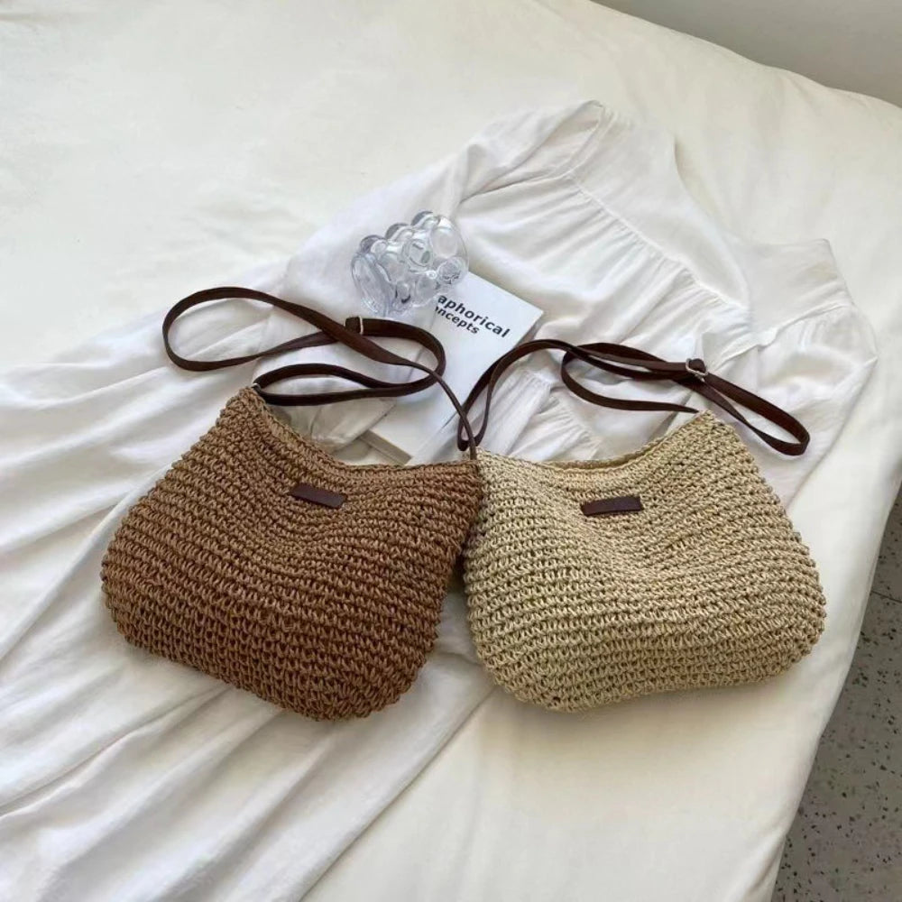 Bolso cruzado tejido de paja, bolso tejido de paja simple de un solo hombro, bolso de playa de vacaciones, bolso de mujer versátil