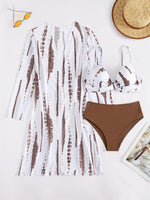 Conjunto de bikini cruzado lavado, de 3 pzas., con cárdigan de manga larga